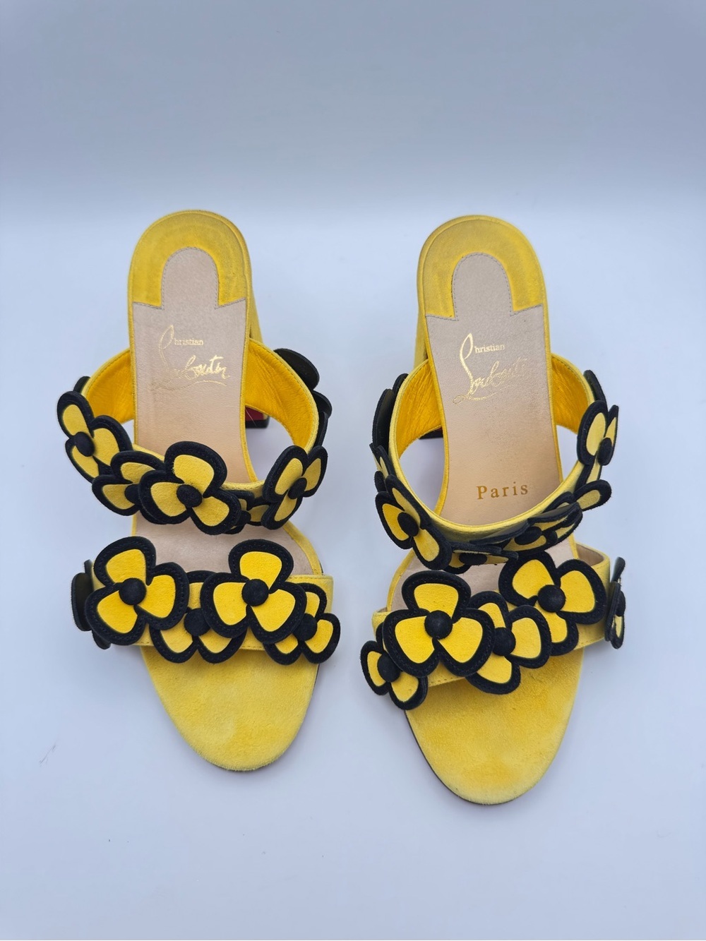 Christian Louboutin Tres Pansy 85 Yellow Suede Floral Mule Sandals EU 36 - Picture 4 of 8